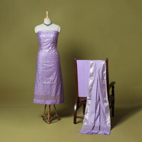 Purple - 3pc tanchoi silk cotton unstitched banarasi dress