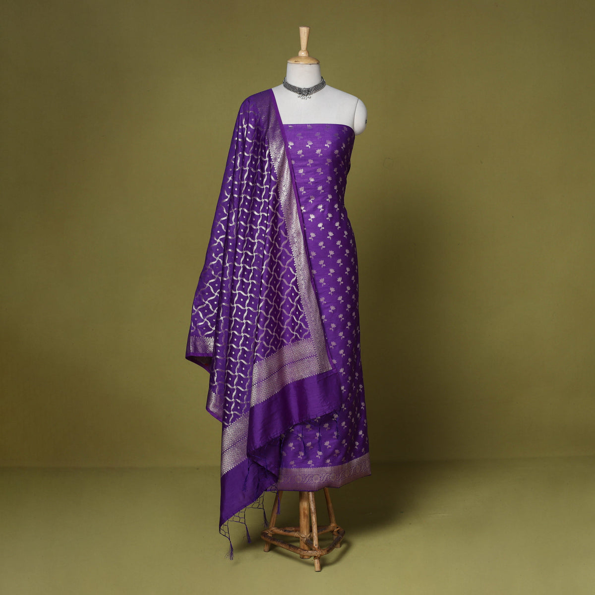 Purple - 3pc tanchoi silk cotton unstitched banarasi dress