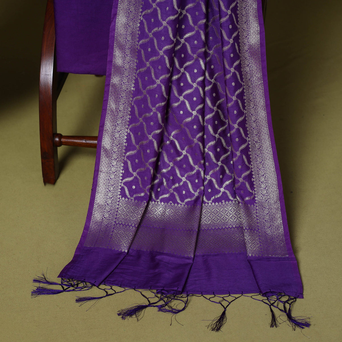 Purple - 3pc tanchoi silk cotton unstitched banarasi dress