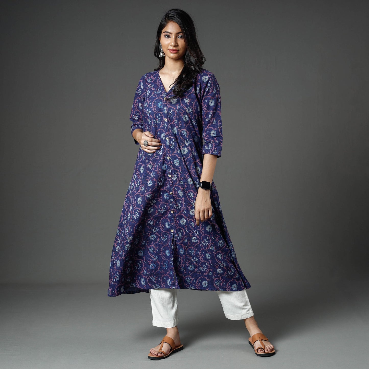 Buy Akola Block Printed Cotton A-Line Long Kurta Online l iTokri.com