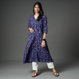 Buy Akola Block Printed Cotton A-Line Long Kurta Online l iTokri.com