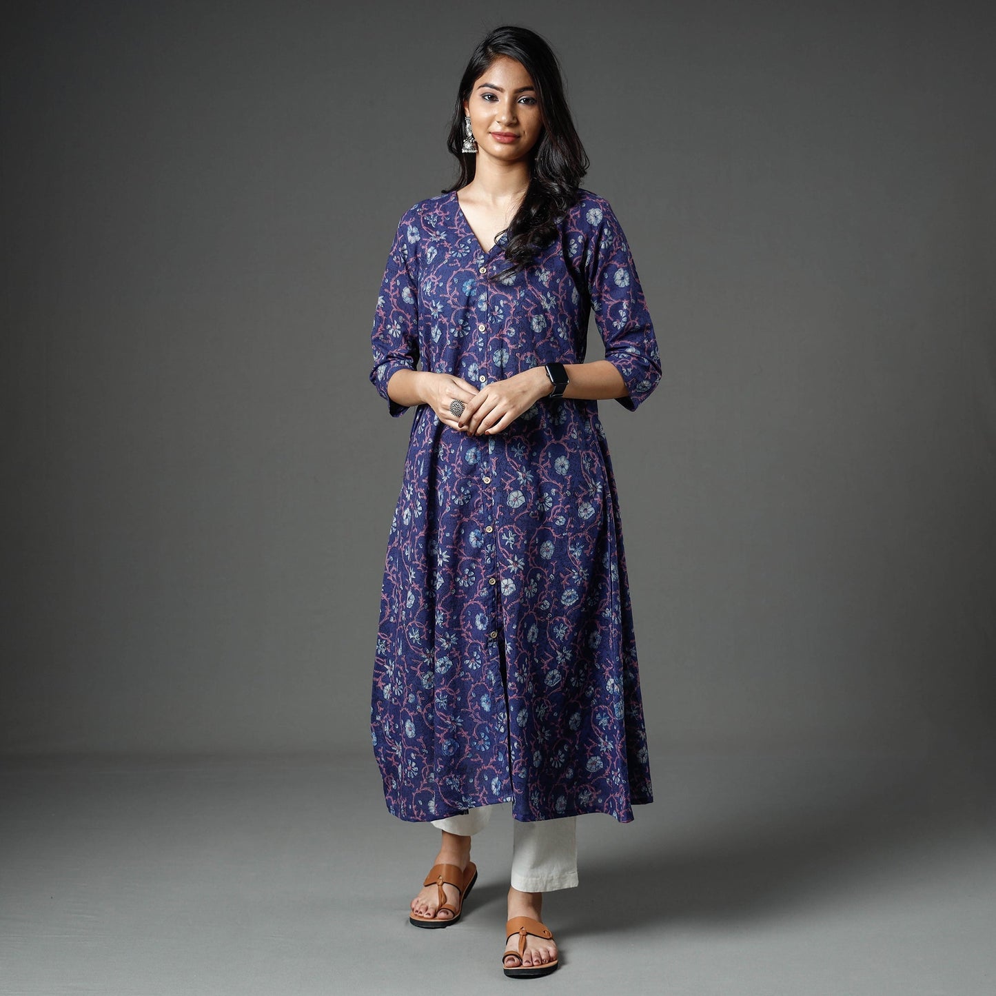 Buy Akola Block Printed Cotton A-Line Long Kurta Online l iTokri.com