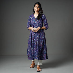 Buy Akola Block Printed Cotton A-Line Long Kurta Online l iTokri.com