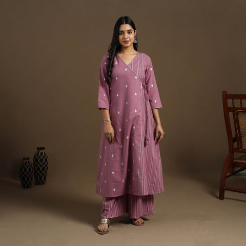 Angrakha Cotton Gota Work Purple Jacquard Kurta with Palazzo Set