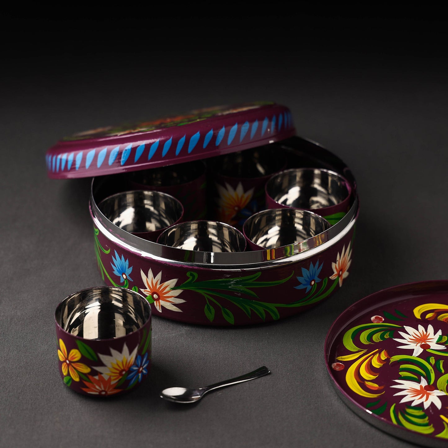  Banaras Handpainted Stainless Steel Purple Masala Box