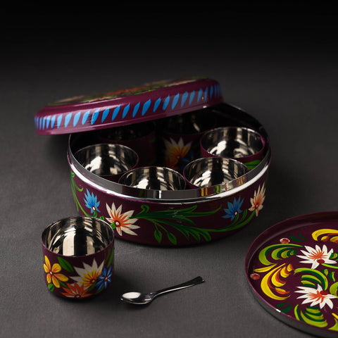  Banaras Handpainted Stainless Steel Purple Masala Box