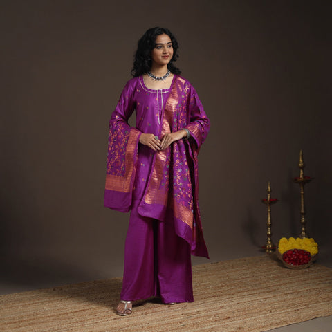 Purple - banarasi with gota work meena weaving silk cotton