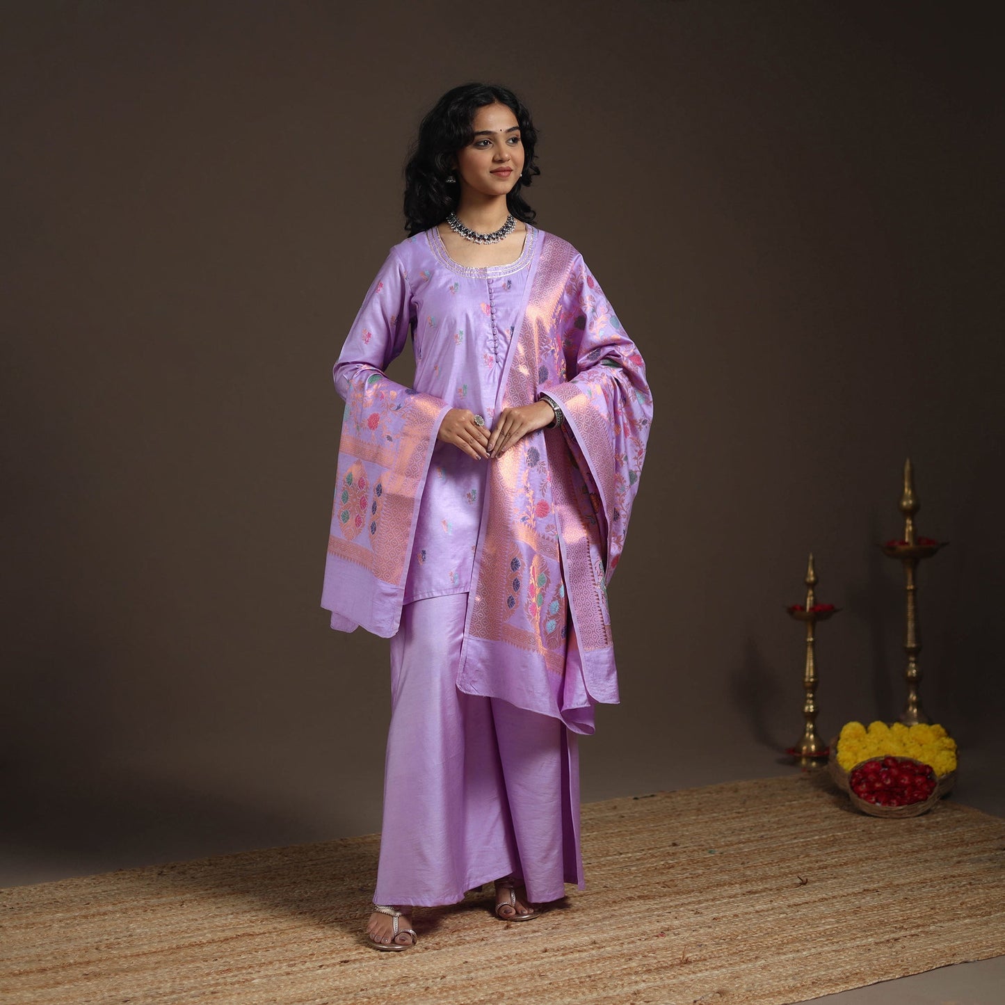 Purple - banarasi with gota work meena weaving silk cotton