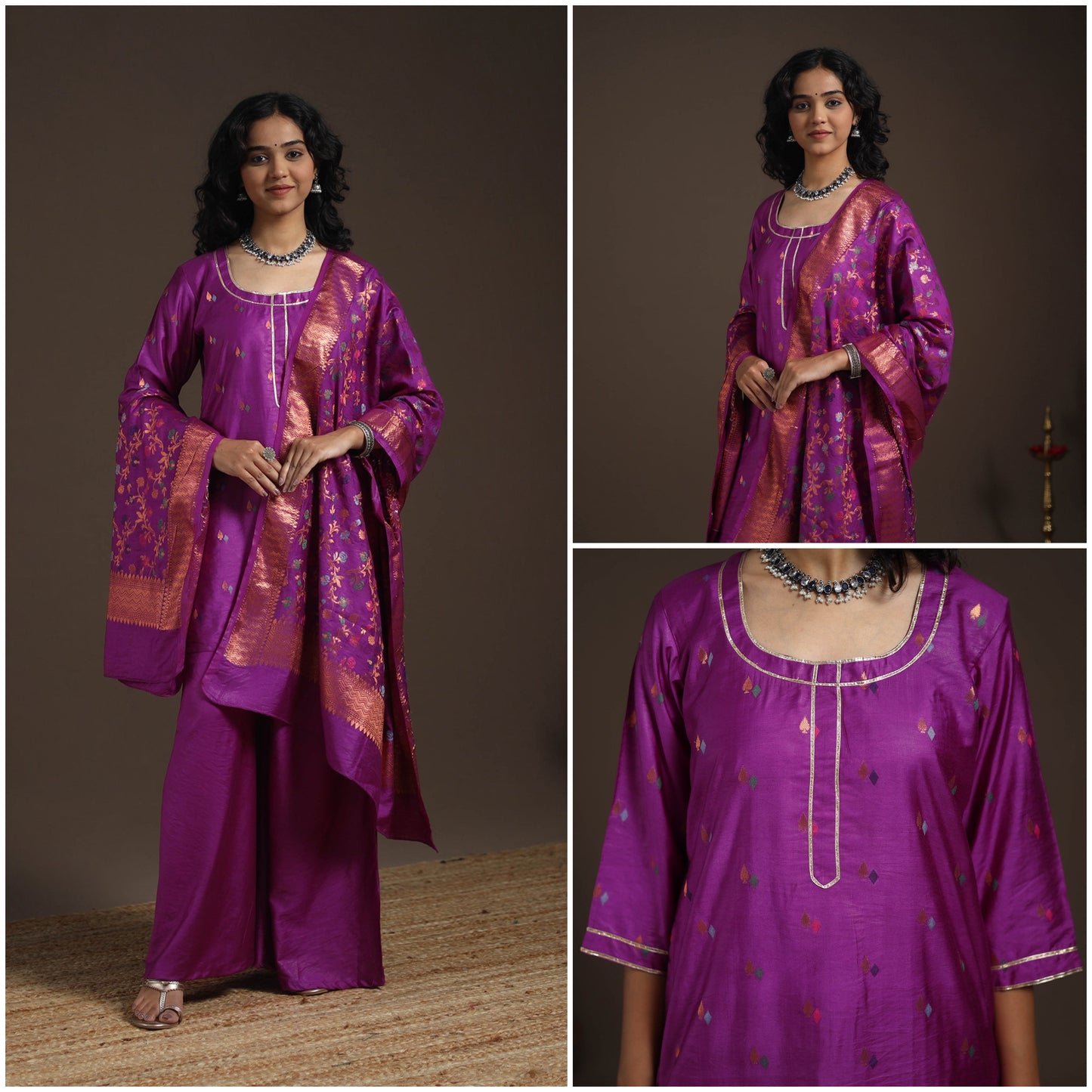 Purple - banarasi with gota work meena weaving silk cotton