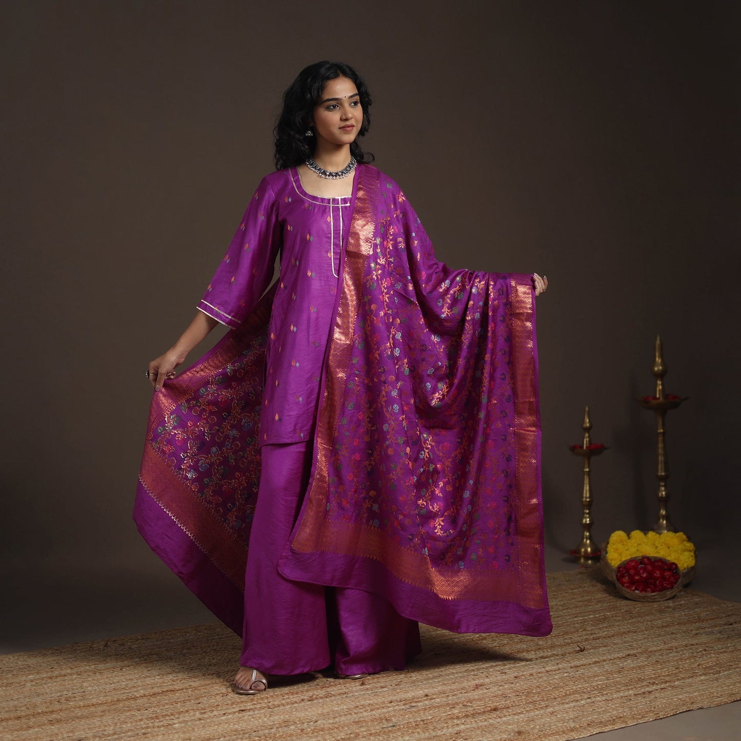 Purple - banarasi with gota work meena weaving silk cotton