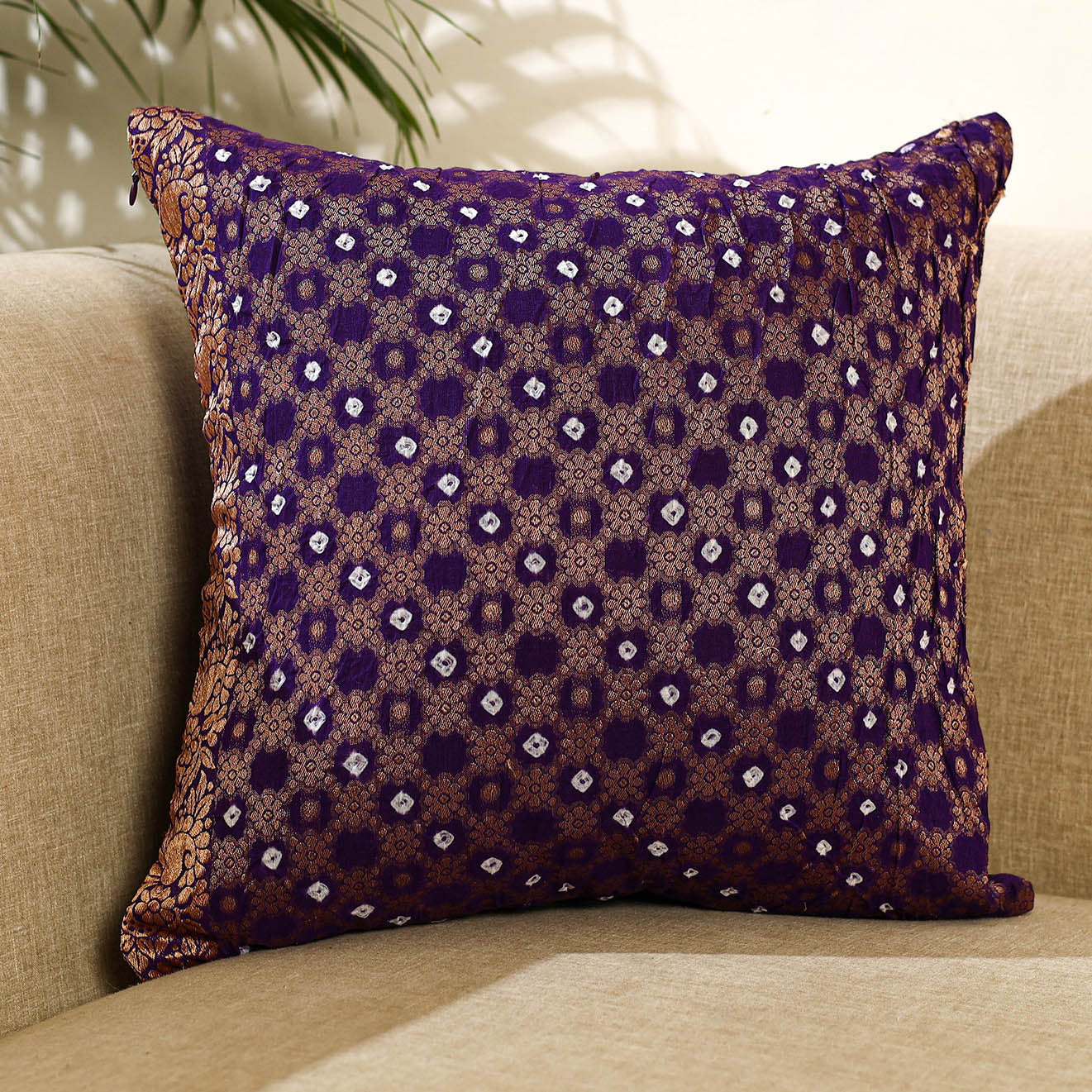 Buy Purple Banarasi Silk Cushion Cover with Zari Work
