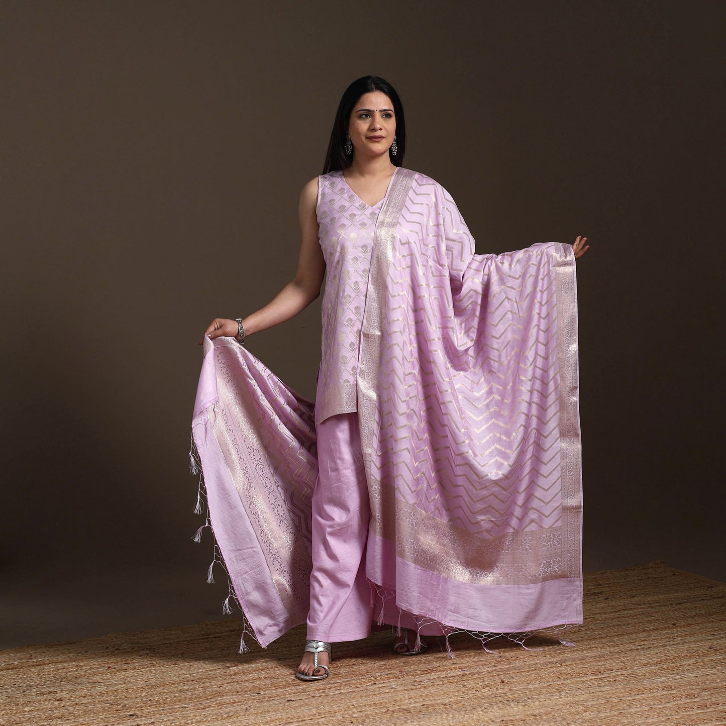 Purple - banarasi tanchoi silk cotton palaazo set for women