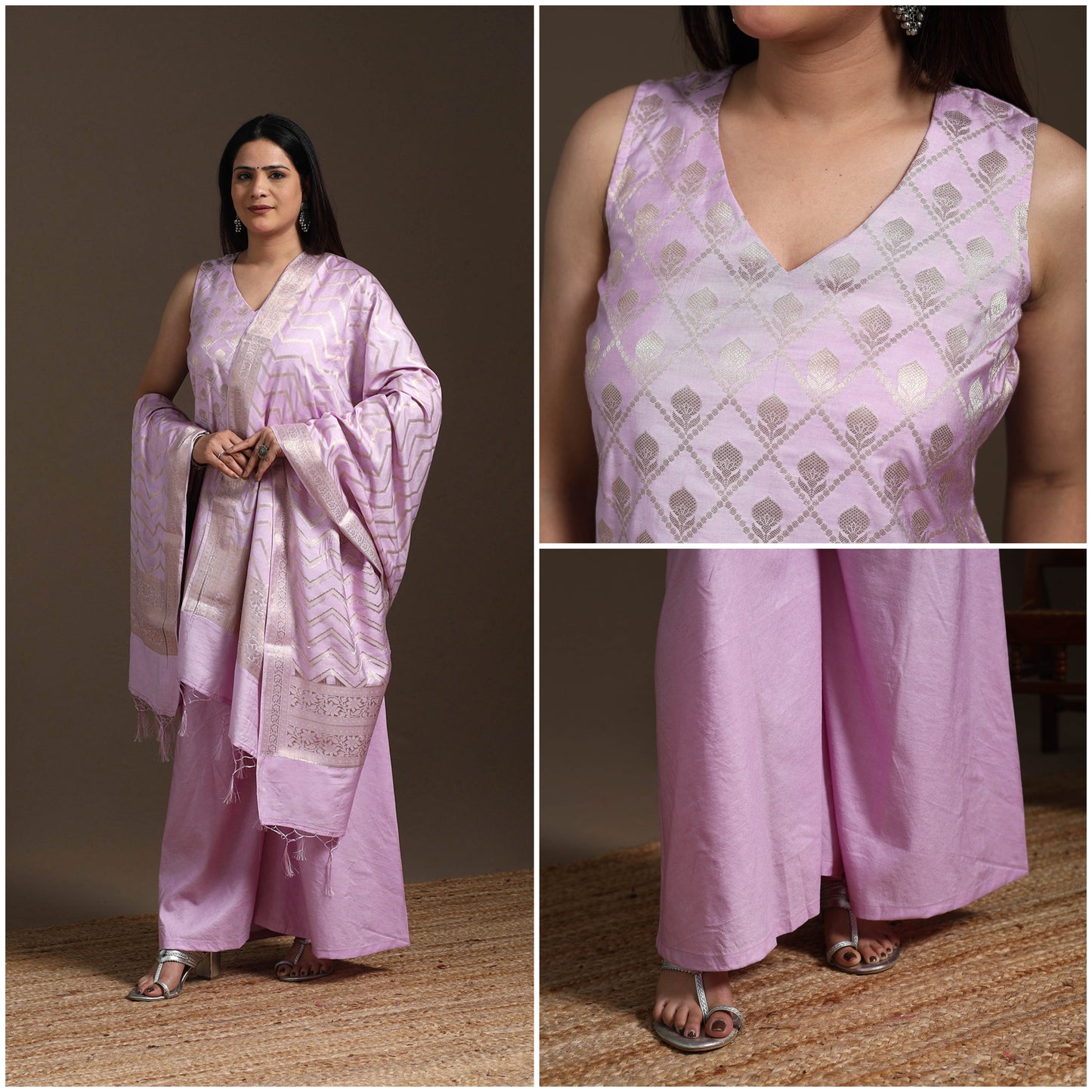 Purple - banarasi tanchoi silk cotton palaazo set for women