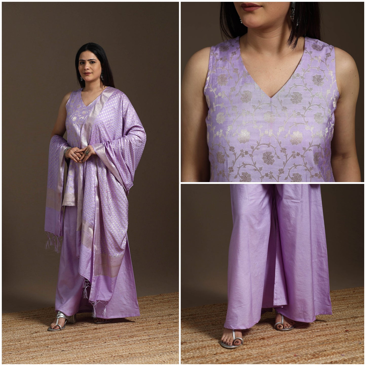 Purple - banarasi tanchoi silk cotton palaazo set for women