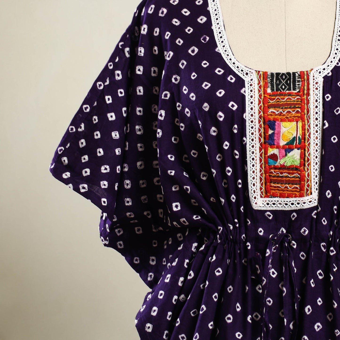 Purple - bandhani cotton kaftan with desert embroidery