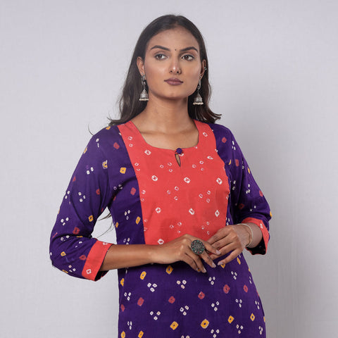 Purple - Bandhani Cotton Yoke Kurta