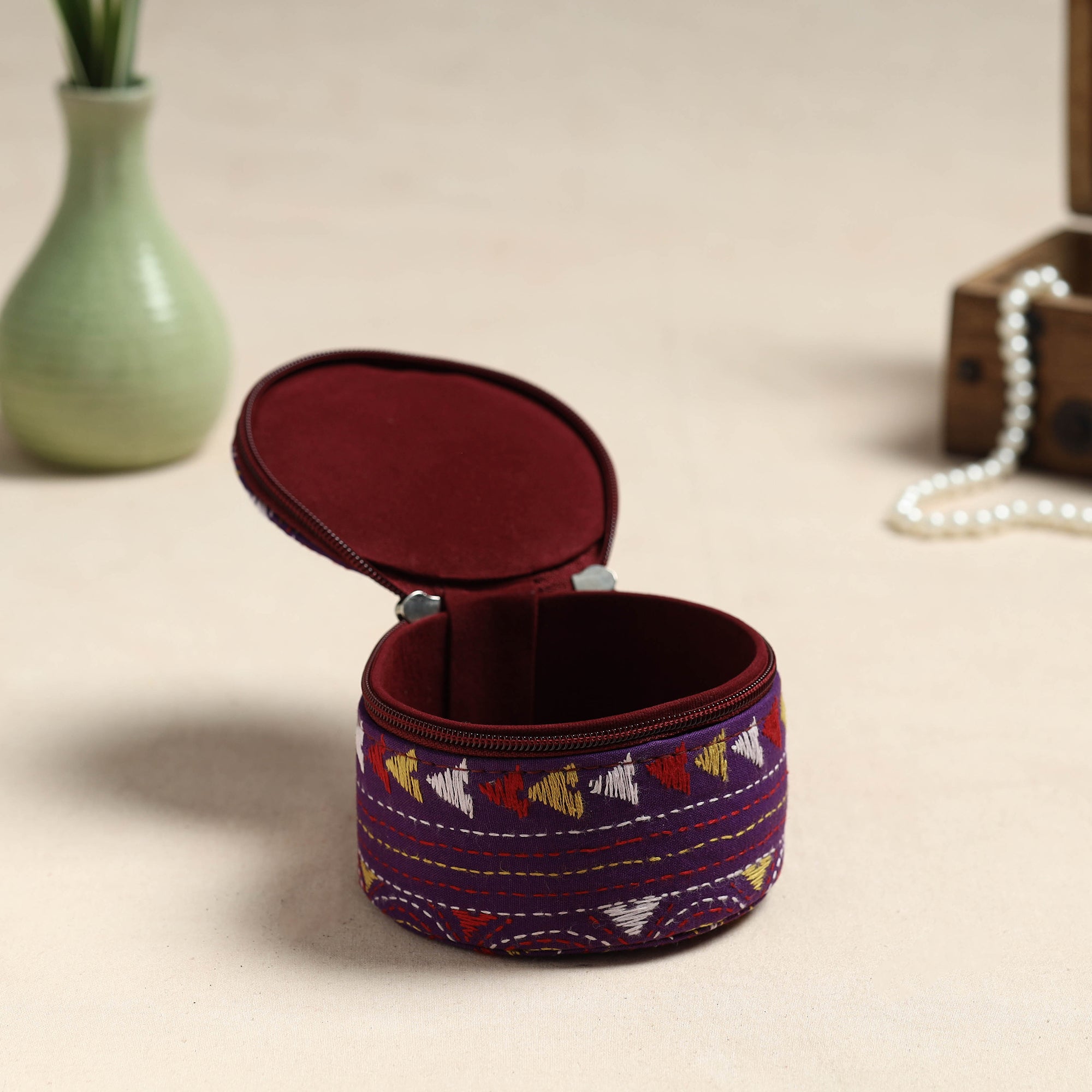  Bengal Kantha Work Handcrafted Round Purple Utility Box