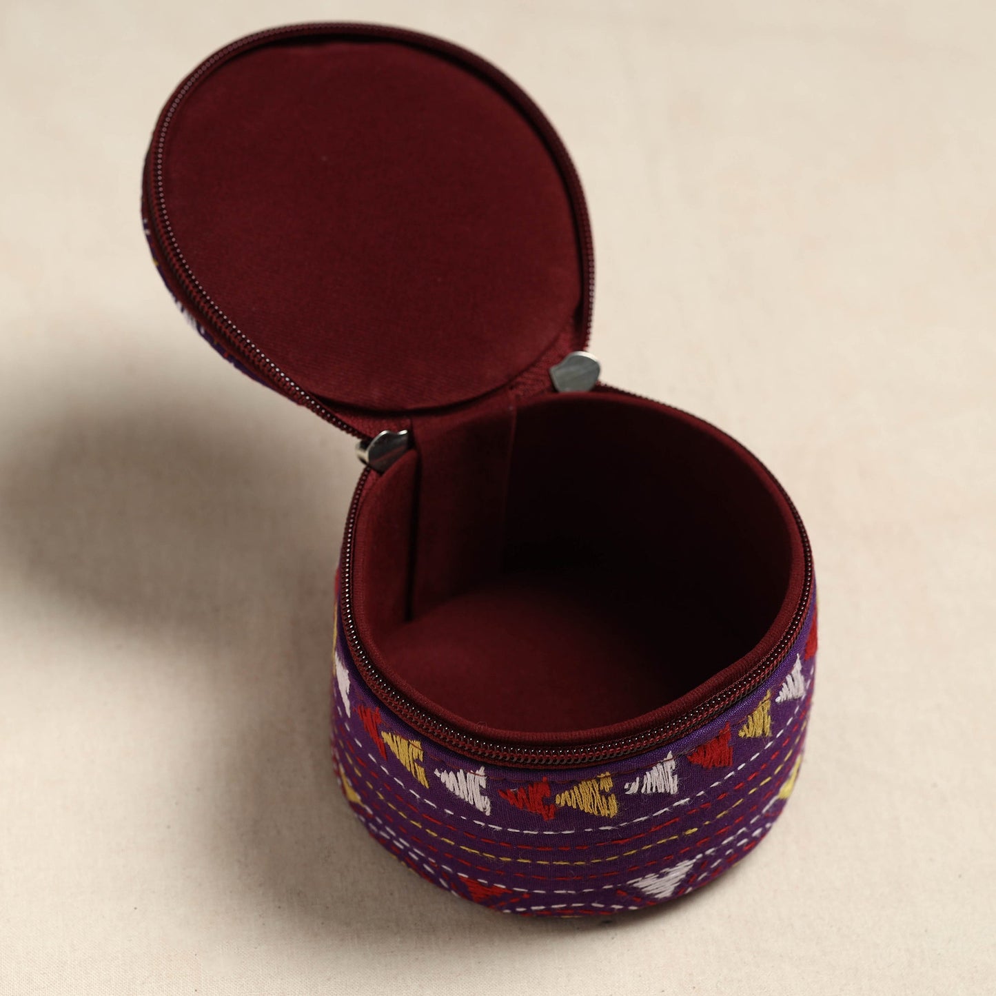  Bengal Kantha Work Handcrafted Round Purple Utility Box