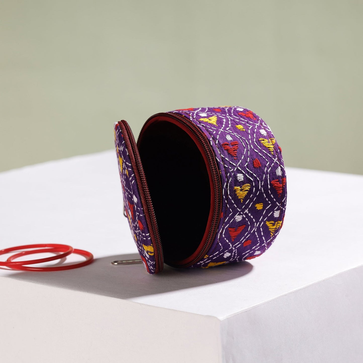 Bengal Kantha Work Handcrafted Round Purple Utility Box