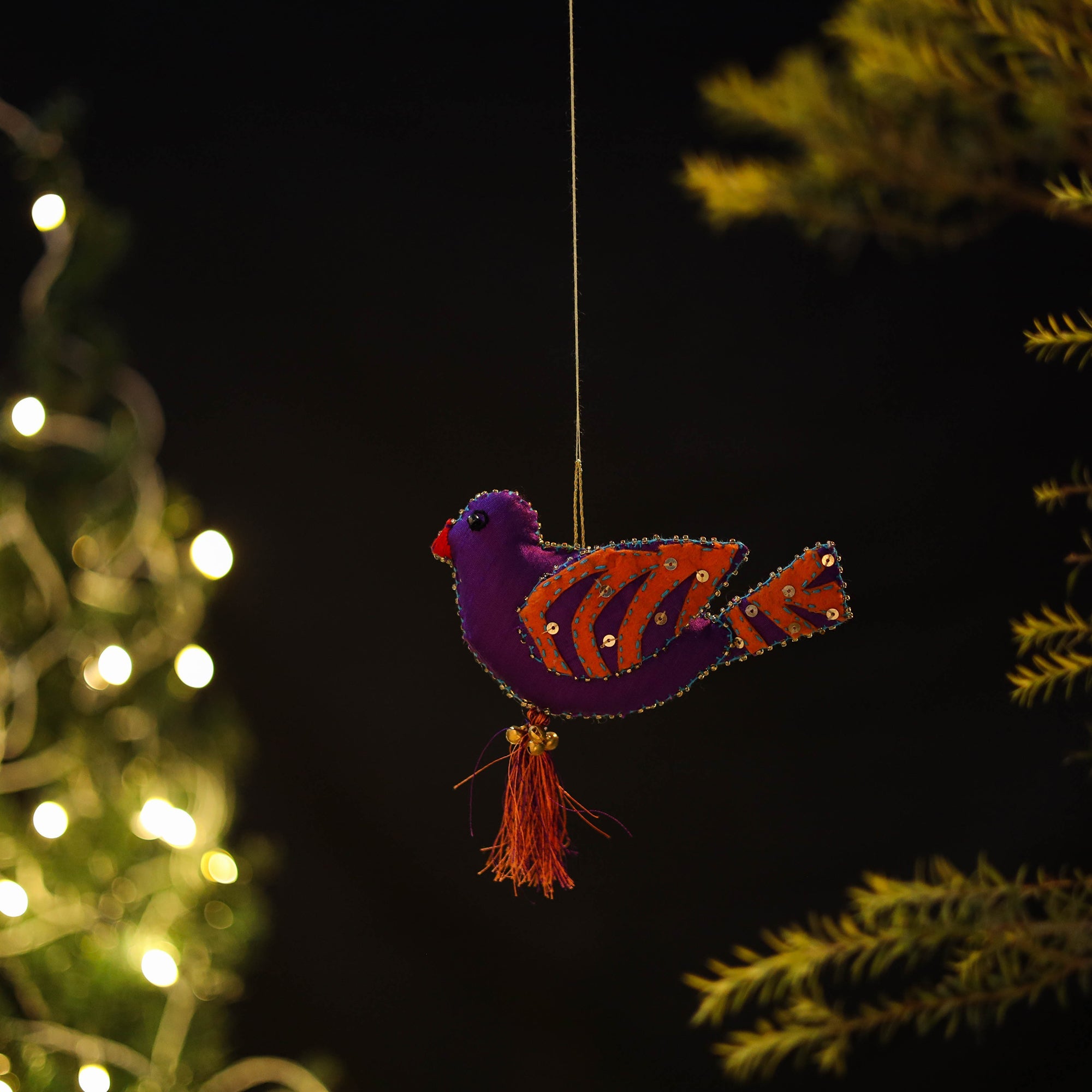 Purple - bird - hand embroidered felt christmas decor