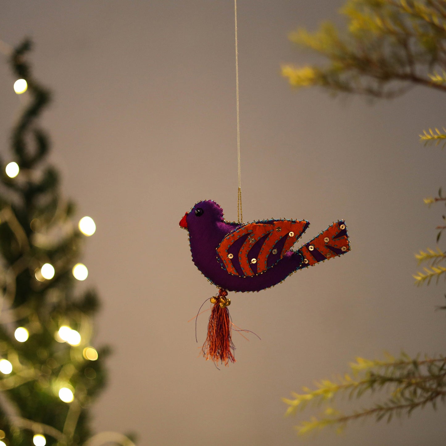 Purple - bird - hand embroidered felt christmas decor