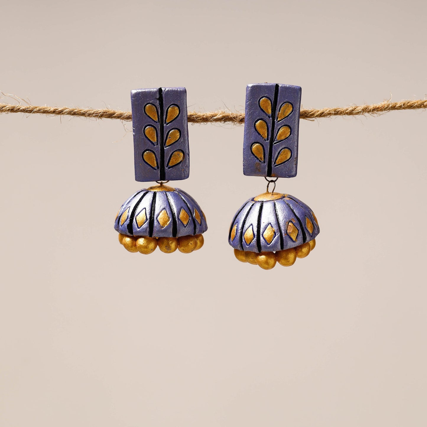 Purple Bishnupur Handpainted Terracotta Jhumki Earrings