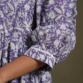 Purple Block Print Cotton Flared Sanganeri Dress