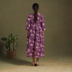 Purple Block Print Cotton Flared Sanganeri Dress