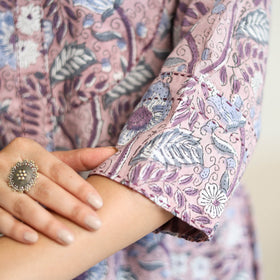 Purple Block Print Cotton A-Line Sanganeri Kurta for Women