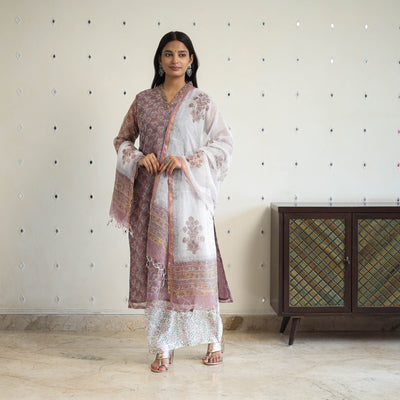 Purple Block Print Kota Doria Cotton Sanganeri Kurta Set (Set of 3) 