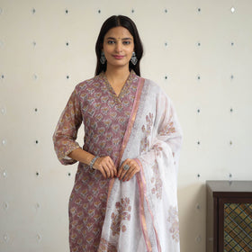 Purple Block Print Kota Doria Cotton Sanganeri Kurta Set (Set of 3) 