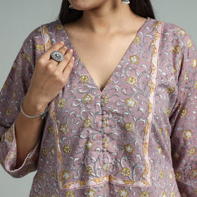 Brown - sanganeri block printed cotton a-line kurta