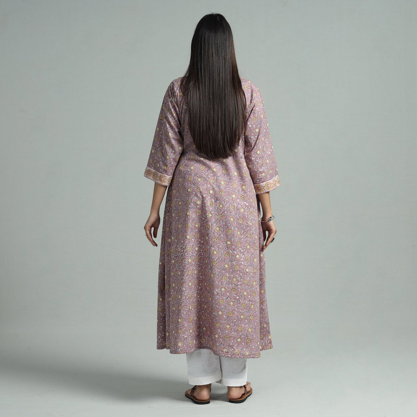 Brown - sanganeri block printed cotton a-line kurta