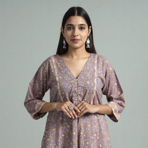 Brown - sanganeri block printed cotton a-line kurta