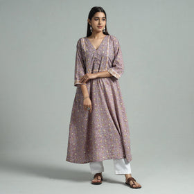 Brown - sanganeri block printed cotton a-line kurta