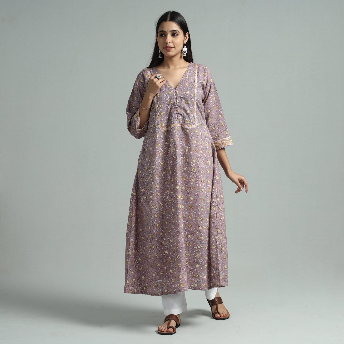 Brown - sanganeri block printed cotton a-line kurta