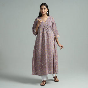 Brown - sanganeri block printed cotton a-line kurta
