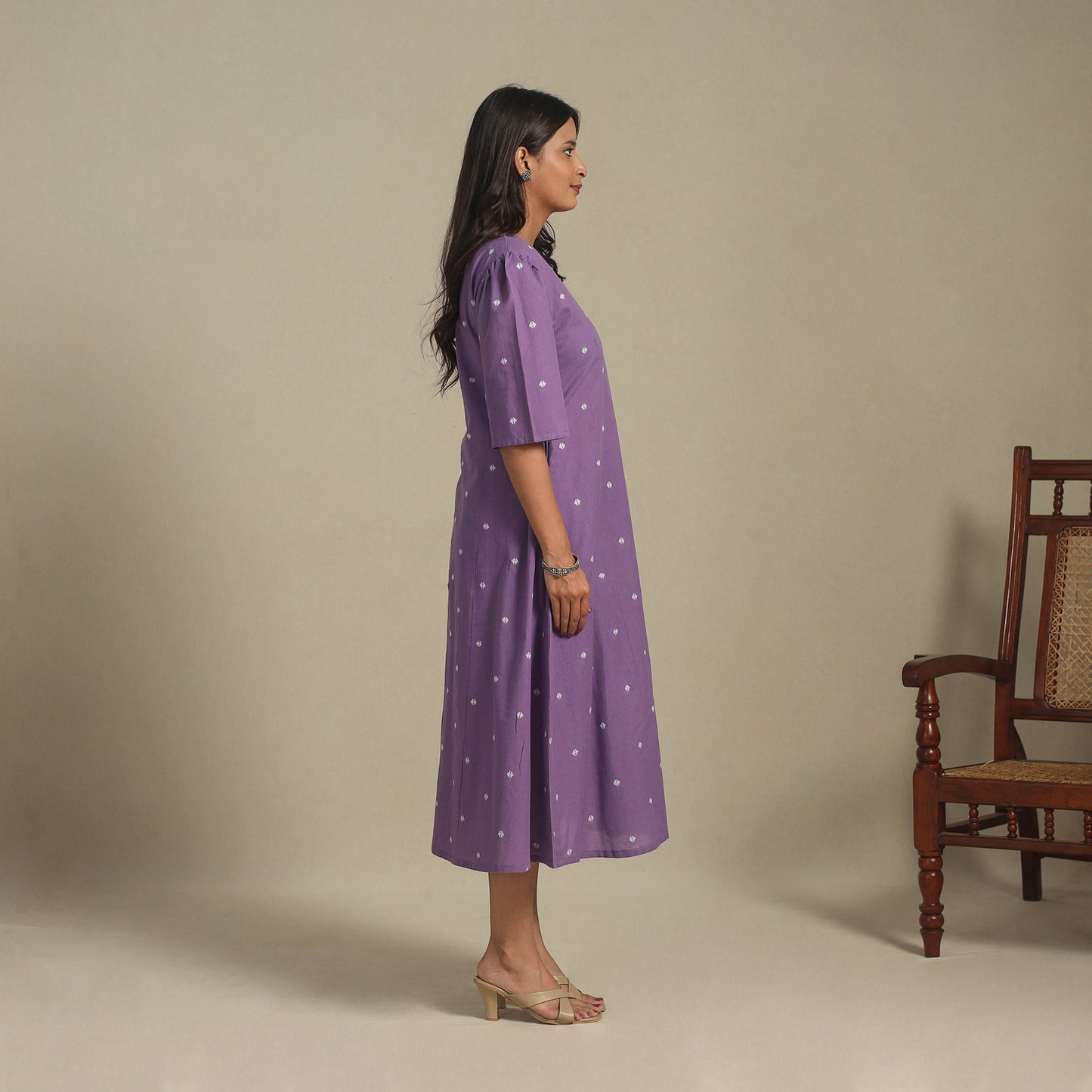 Purple - button down cotton jacquard dress 04 - handcrafted