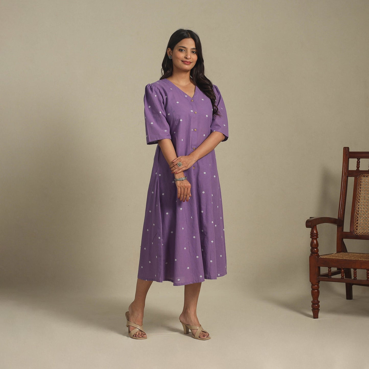 Purple - button down cotton jacquard dress 04 - handcrafted