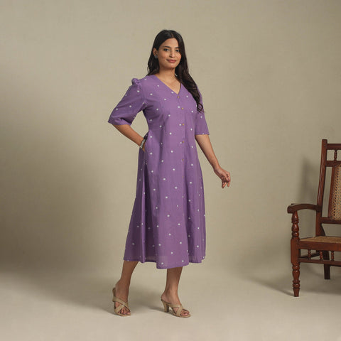 Purple - button down cotton jacquard dress 04 - handcrafted