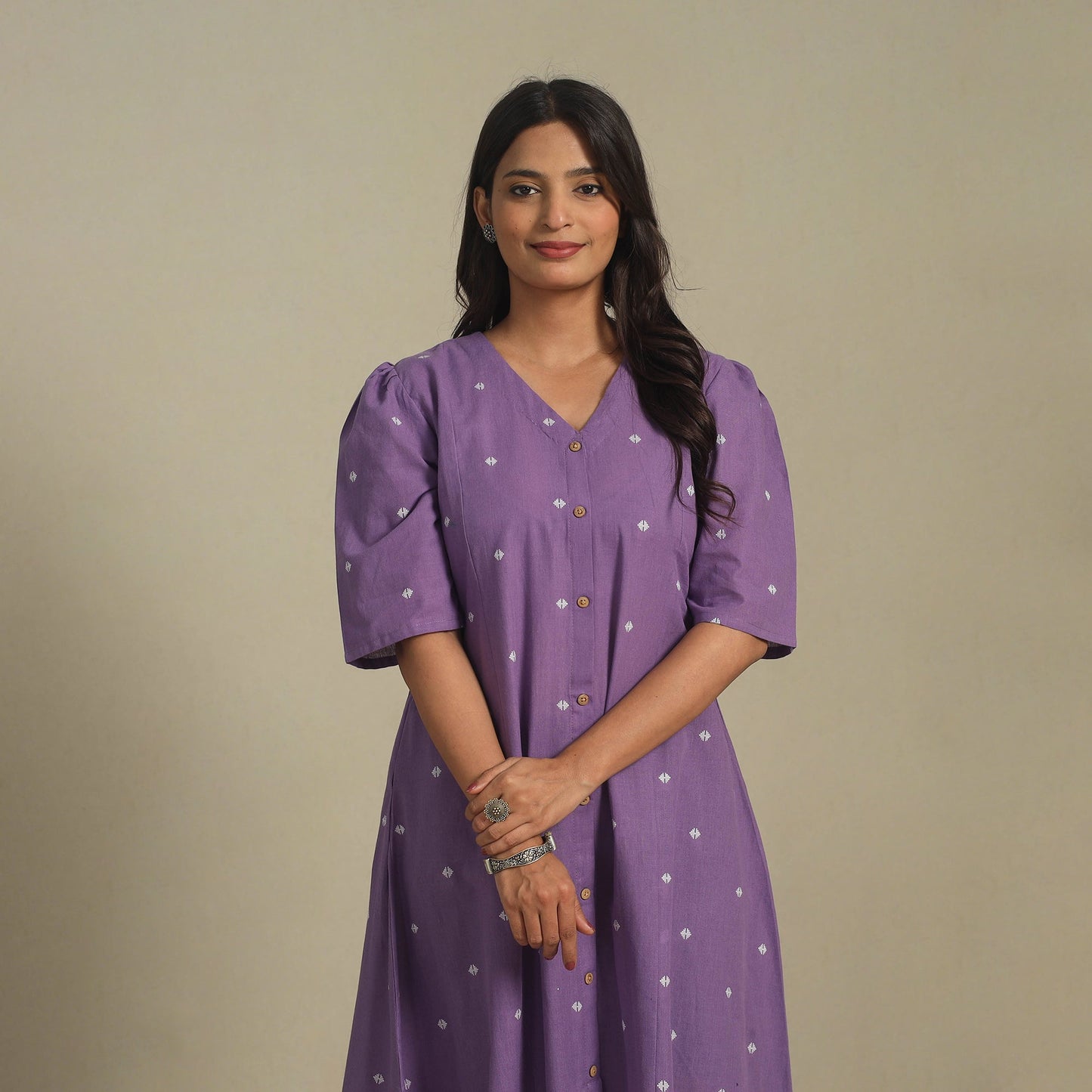 Purple - button down cotton jacquard dress 04 - handcrafted