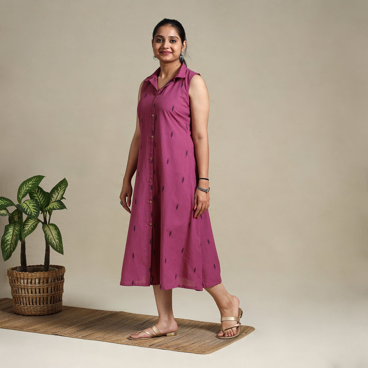 Purple Button Down Cotton Jacquard Dress