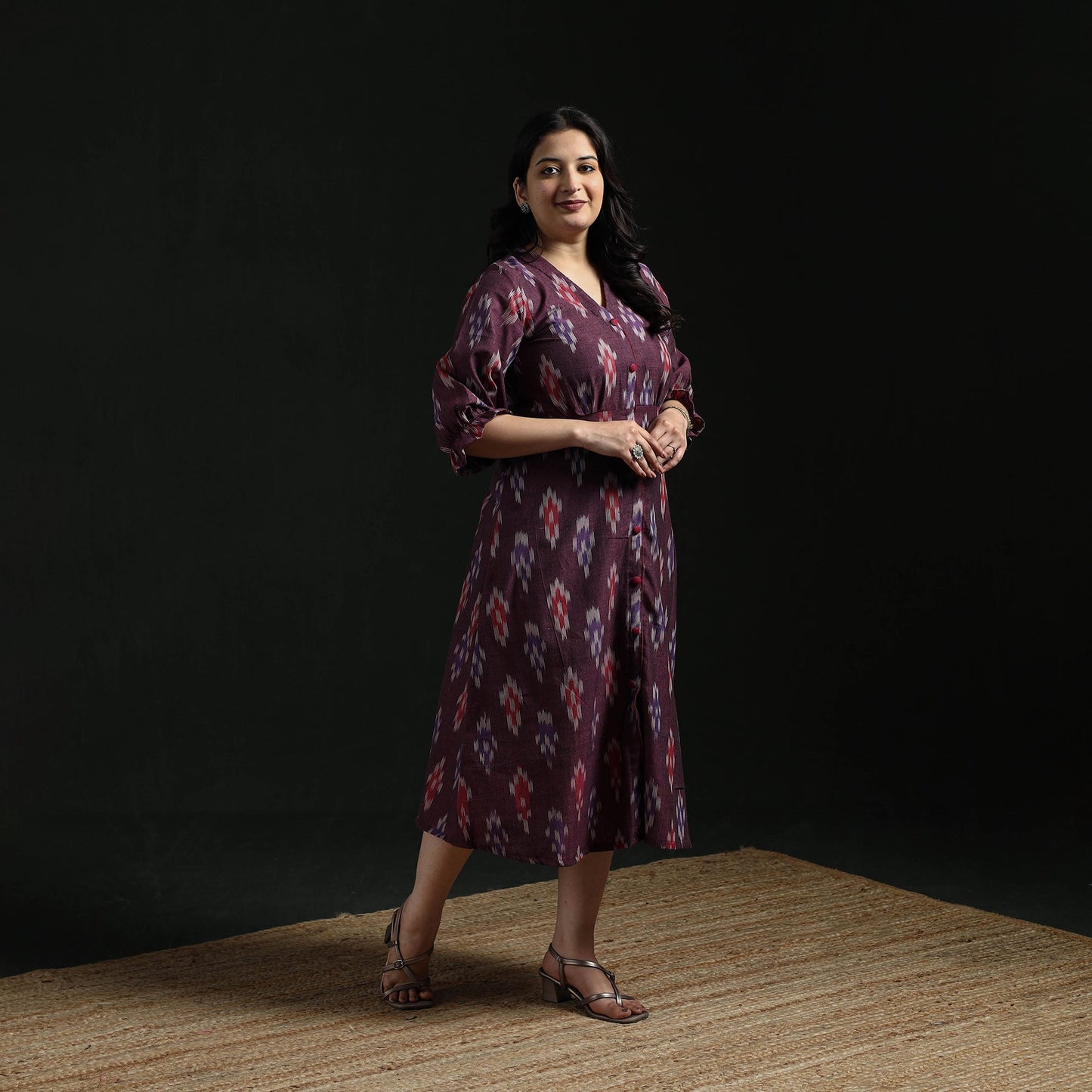 Button down cotton pochampally ikat dress 04 - handcrafted