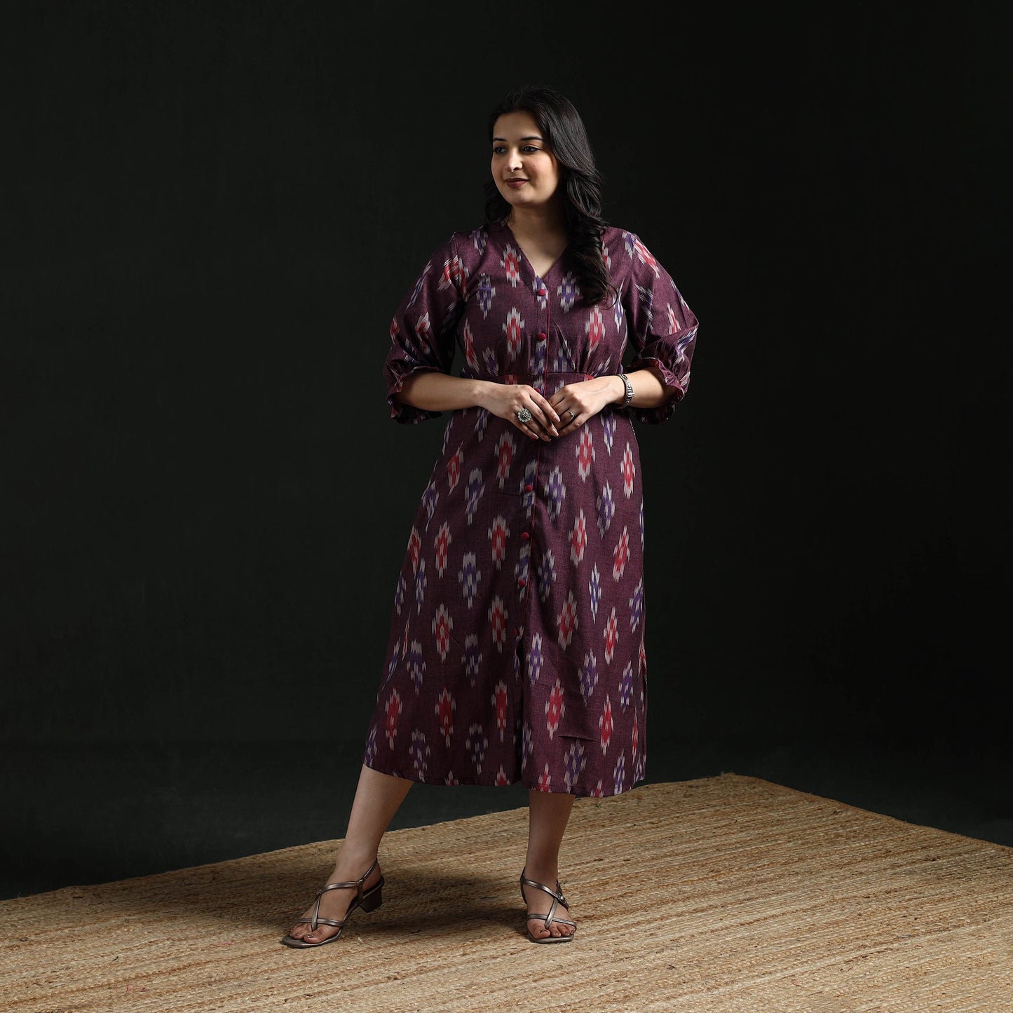 Button down cotton pochampally ikat dress 04 - handcrafted