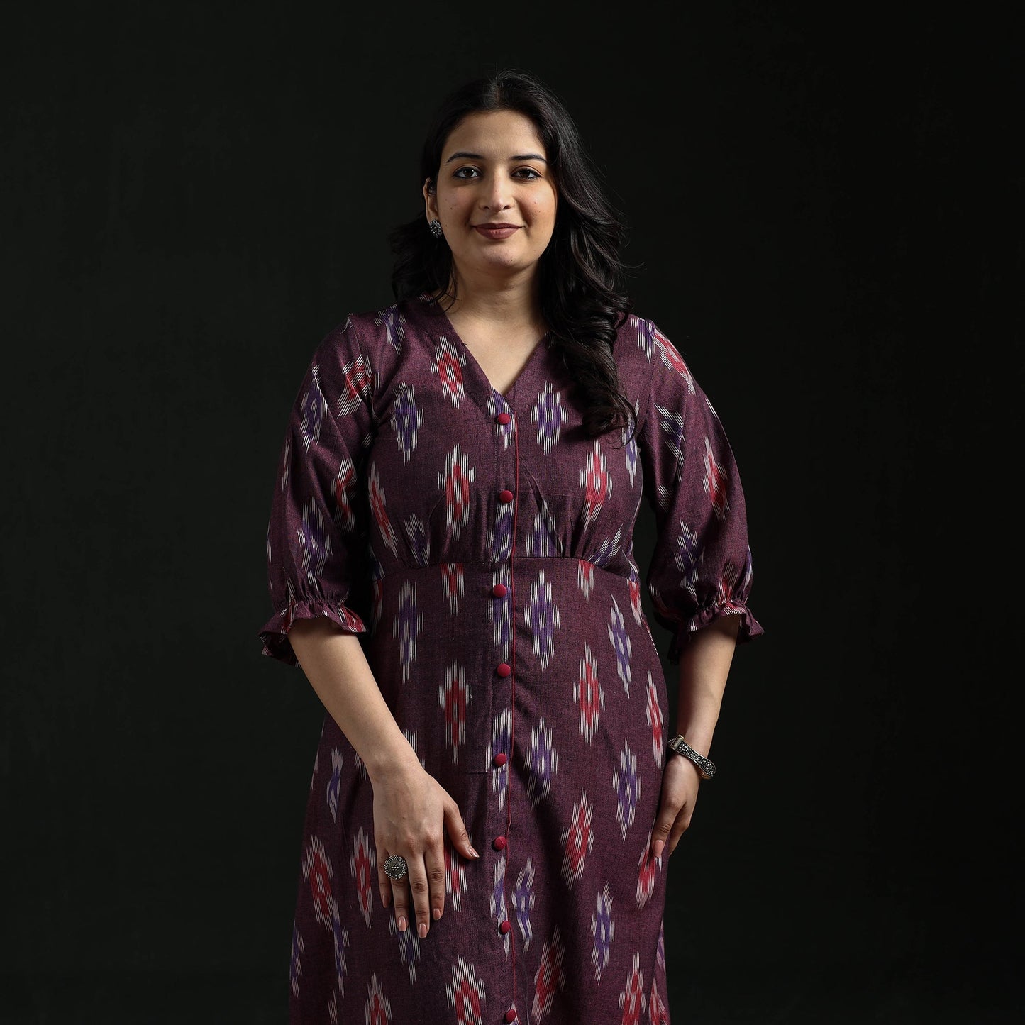 Button down cotton pochampally ikat dress 04 - handcrafted