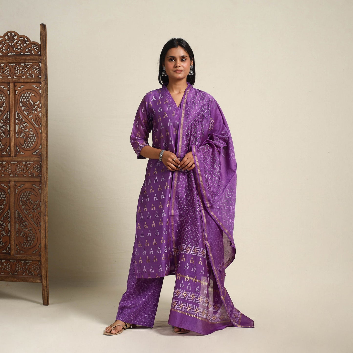  Purple Chanderi Silk Bagru Print Kurta Set