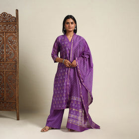  Purple Chanderi Silk Bagru Print Kurta Set