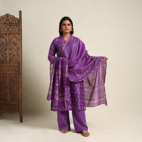  Purple Chanderi Silk Bagru Print Kurta Set