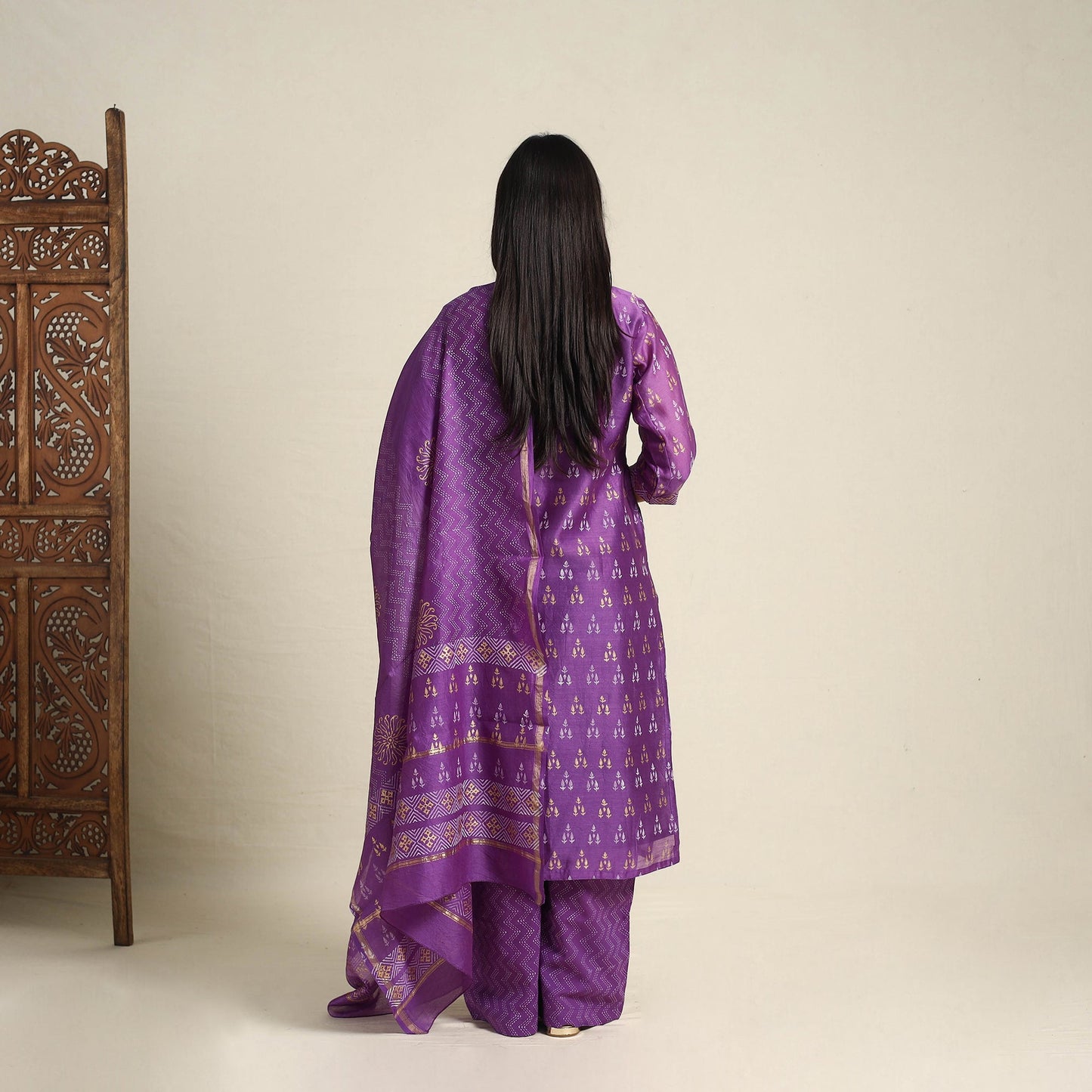  Purple Chanderi Silk Bagru Print Kurta Set