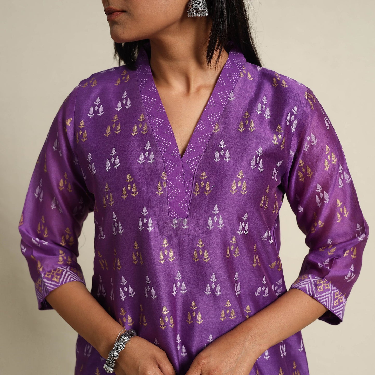  Purple Chanderi Silk Bagru Print Kurta Set